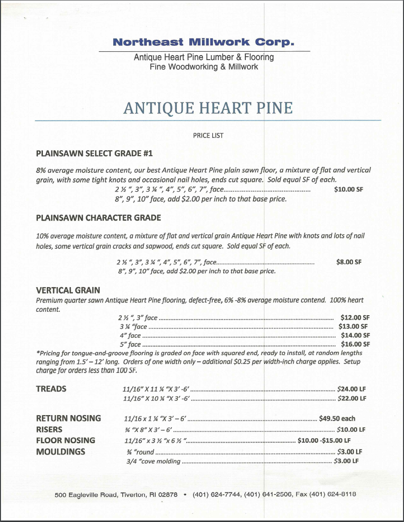 Antique Heart Pine Price List